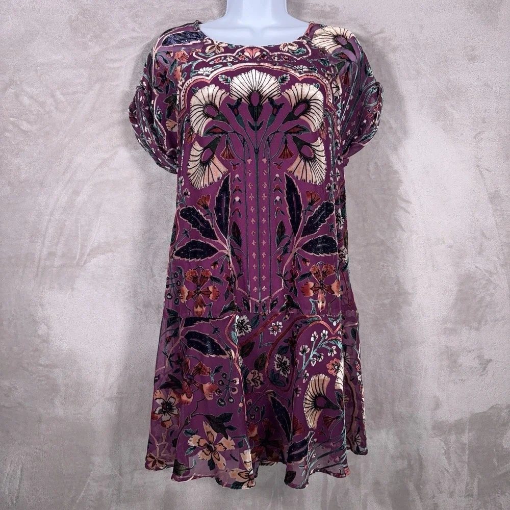 Free People Strawberry Fields Velvet Mini Dress Womens Small Purple Tapestry